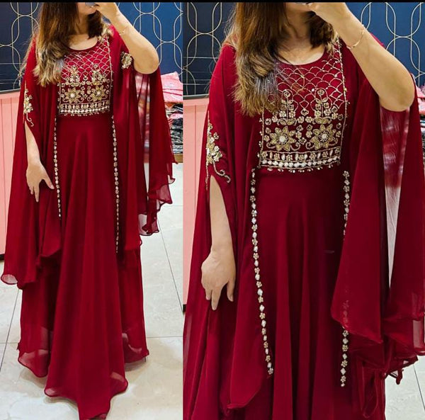 Bright Maroon Designer  Style Long Gown Size: L (44)