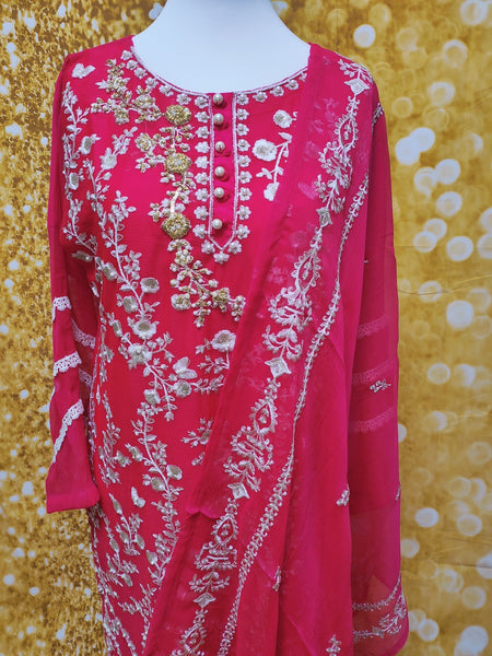 Magenta Chiffon Embroidered 3 Piece Suit