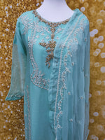 Firozi/Sky Blue Chiffon Embroidered 3 Piece Dress Size: M(42)