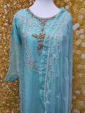 Firozi/Sky Blue Chiffon Embroidered 3 Piece Dress Size: M(42)