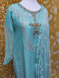 Firozi/Sky Blue Chiffon Embroidered 3 Piece Dress Size: M(42)