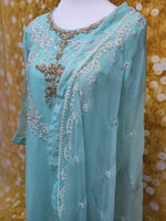 Firozi/Sky Blue Chiffon Embroidered 3 Piece Dress Size: M(42)