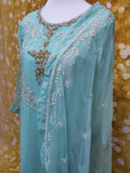 Firozi/Sky Blue Chiffon Embroidered 3 Piece Dress Size: M(42)