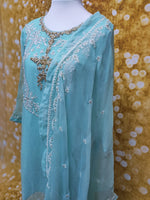 Firozi/Sky Blue Chiffon Embroidered 3 Piece Dress Size: M(42)