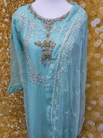 Firozi/Sky Blue Chiffon Embroidered 3 Piece Dress Size: M(42)