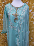 Firozi/Sky Blue Chiffon Embroidered 3 Piece Dress Size: M(42)
