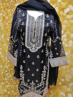 Black Organza Three Piece Embroidered Suit Size: L(44)