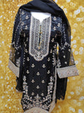 Black Organza Three Piece Embroidered Suit Size: L(44)
