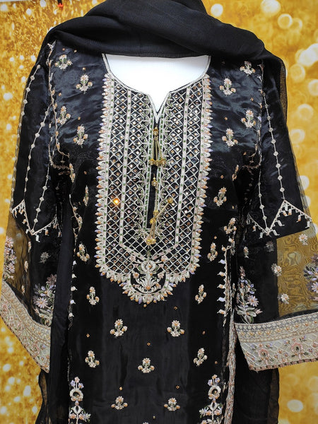 Black Organza Three Piece Embroidered Suit Size: L(44)