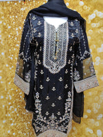 Black Organza Three Piece Embroidered Suit Size: L(44)