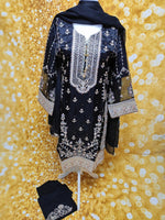 Black Organza Three Piece Embroidered Suit Size: L(44)