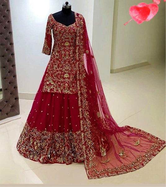 Red Georgette Silk Thread Work Lehenga Choli Suit Size: L