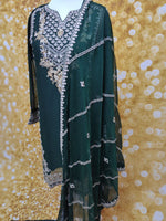 Bottle Green Chiffon Embroidered 3 Piece Dress M (42)