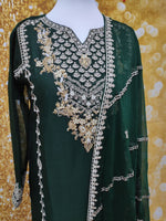 Bottle Green Chiffon Embroidered 3 Piece Dress M (42)