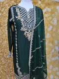 Bottle Green Chiffon Embroidered 3 Piece Dress M (42)